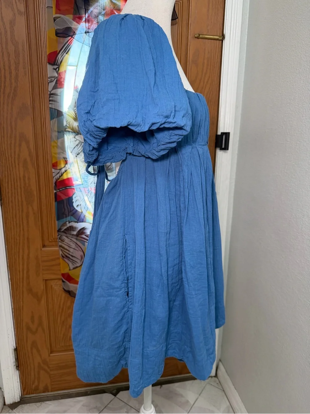 Free People Marina Mini Dress Blue Bell Puff Sleeve Open Back Tie Size M